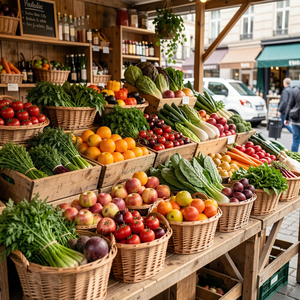 Colorful Indonesian market stall with fresh fruit, herbs, and vegetables arranged in wooden baskets