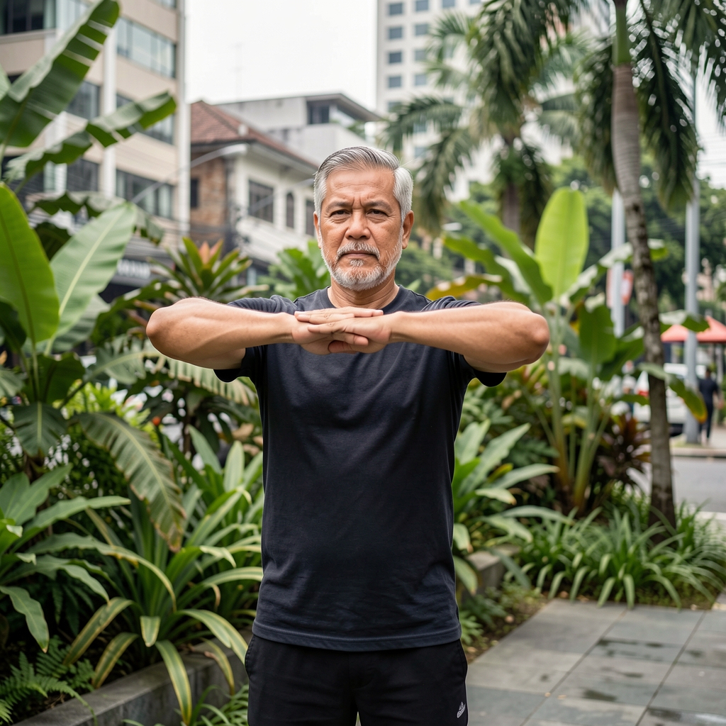 Mature man practicing a gentle strength exercise beside leafy urban greenery in Indonesia