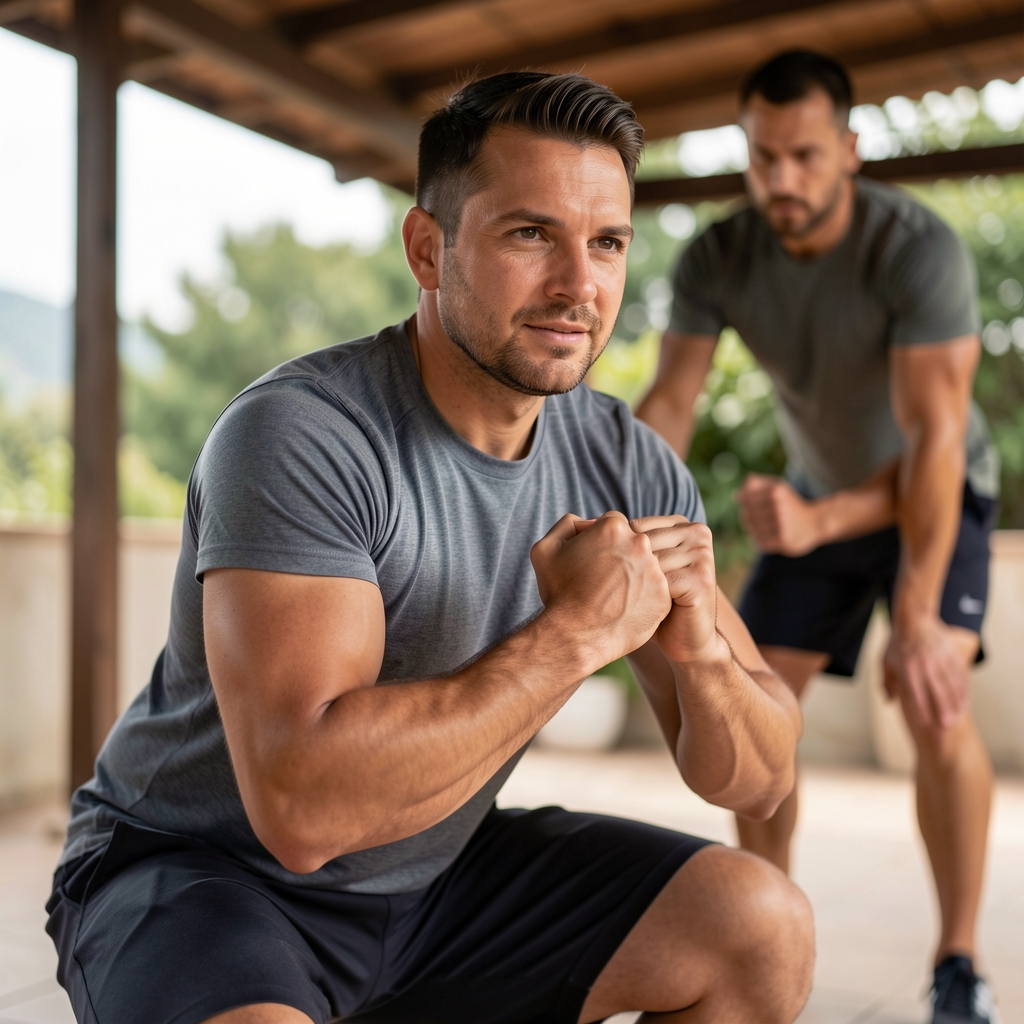 Man performing a controlled bodyweight squat on a quiet covered terrace with a trainer nearby