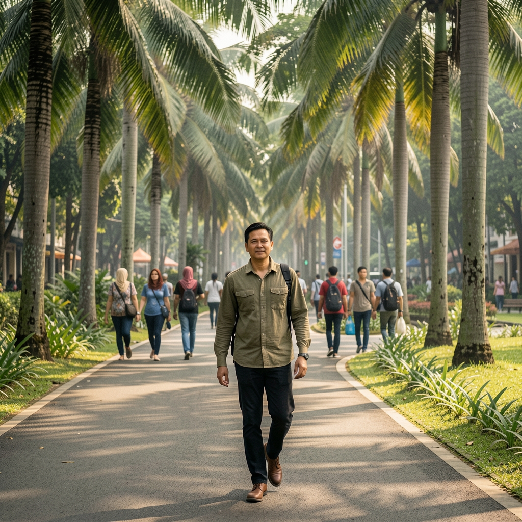 Man over 30 walking beside a shaded Jakarta park path with palms and morning commuters