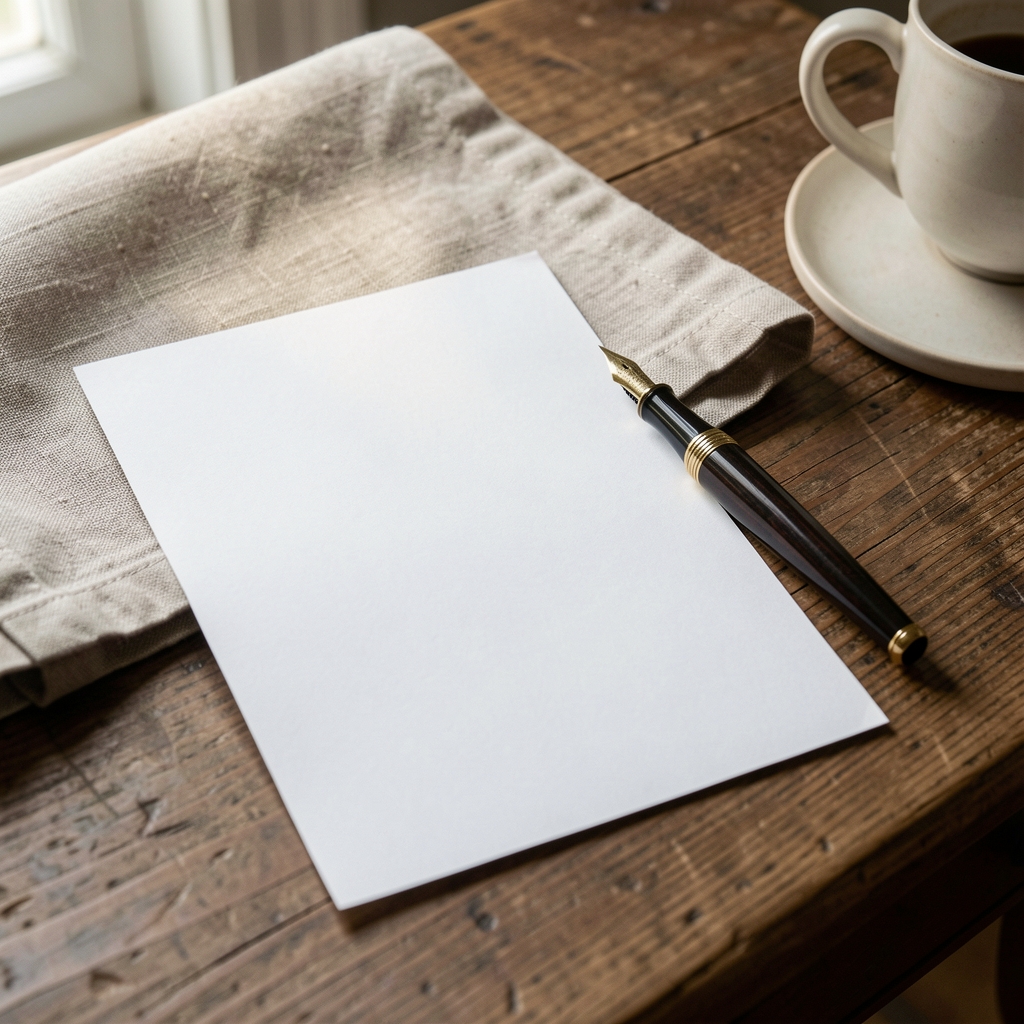 Printed monthly wellness note beside a fountain pen and folded linen on a reading table