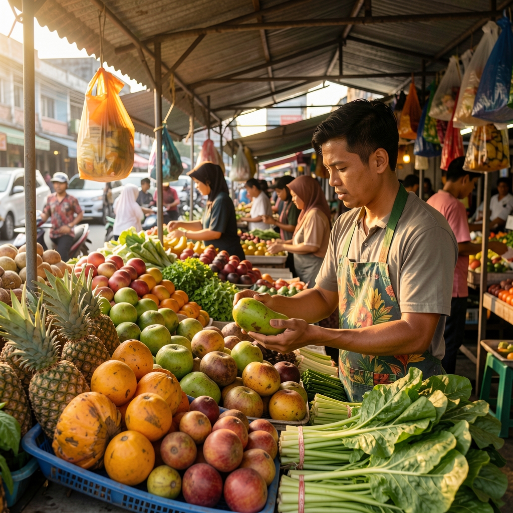 Vendor arranging tropical fruit and leafy greens at a covered Jakarta market in warm afternoon light